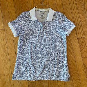LL Bean White Collar White Polo Women's Shirt with Navy Blue Flowers Print